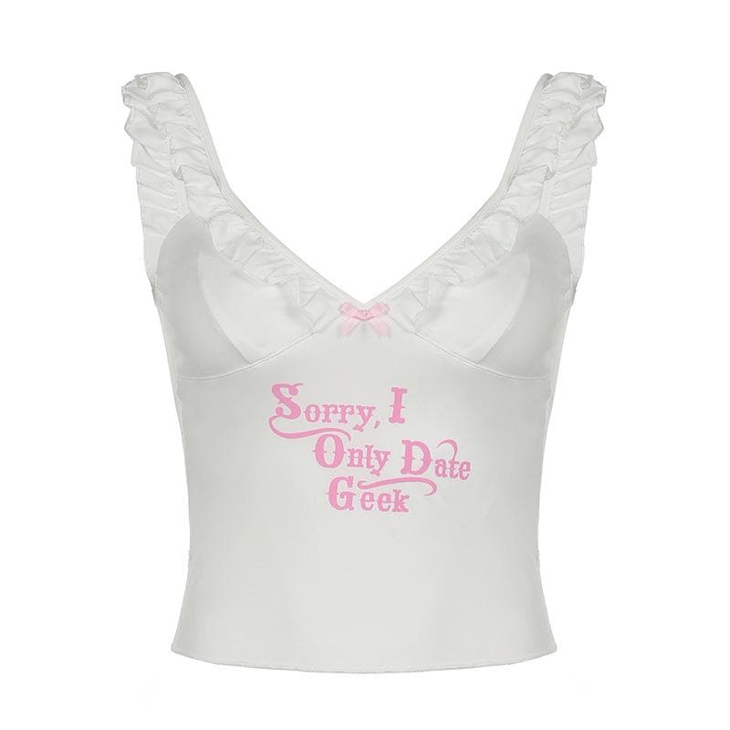 V neck ruffle letter print bowknot cami top