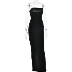 Metal chain square neck slit solid knotted maxi dress-final-sale