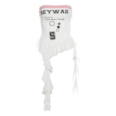 Ribbed “BEYWADâ€?print patchwork ruffle tube top