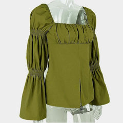 Flared pleated sleeve smocked square neck slit solid top-final-sale