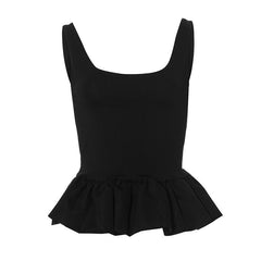 U neck backless ruffle ruched solid tank top