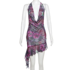 Halter cowl neck beaded sheer mesh print mini dress