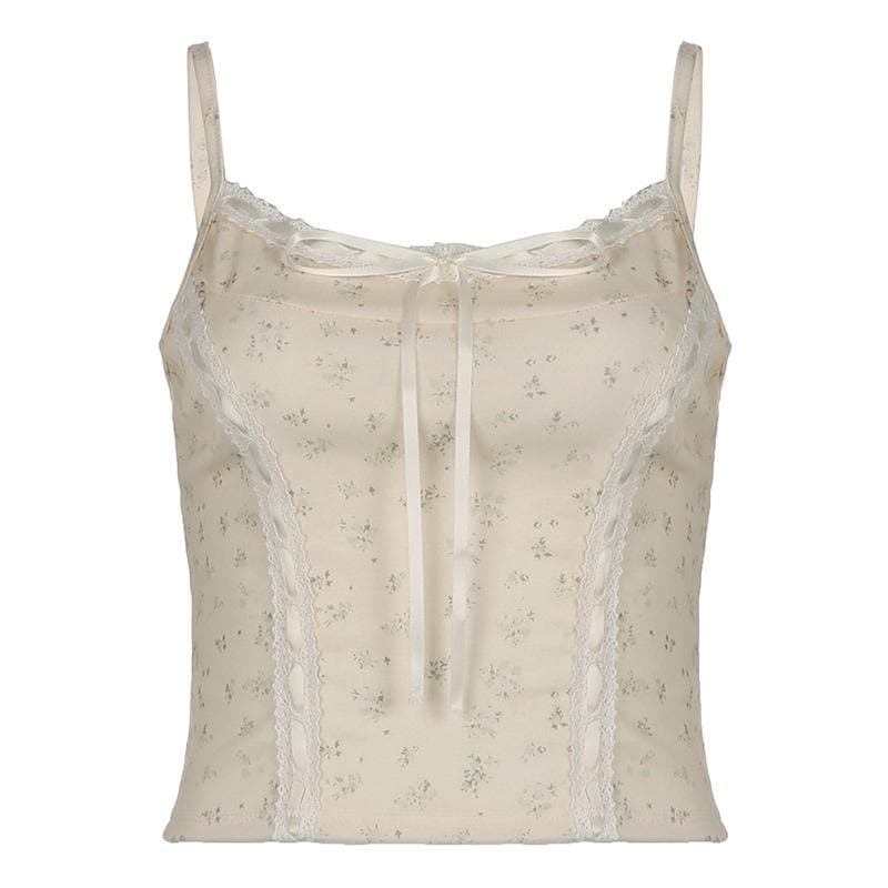 Lace hem bowknot ribbon print stitch cami top