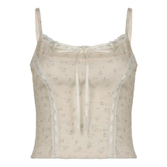 Lace hem bowknot ribbon print stitch cami top