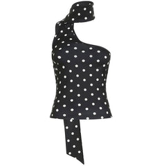 Irregular polka dot halter backless one shoulder top