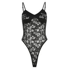 Lace v neck letter print button cami bodysuit