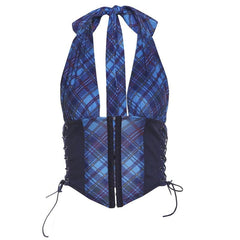 Halter button plaid print lace up top