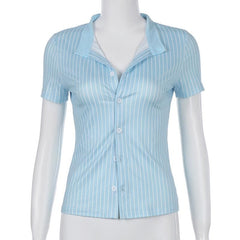 Turnover collar short sleeve striped print button top