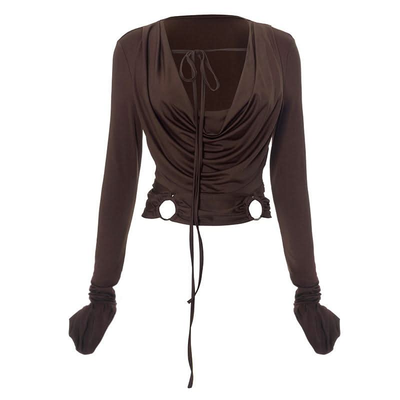 Long sleeve cowl neck o ring self tie ruched hollow out cut out top
