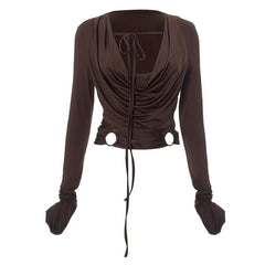 Long sleeve cowl neck o ring self tie ruched hollow out cut out top