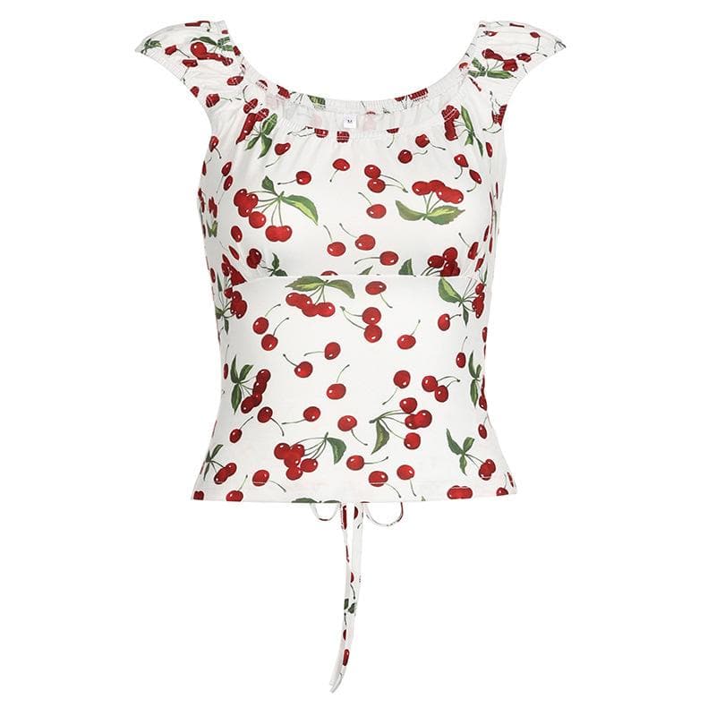 Cap sleeve u neck cherry print lace up top
