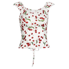 Cap sleeve u neck cherry print lace up top