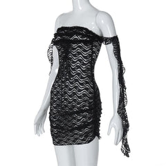 Off shoulder ruffle lace bowknot see through mini dress-final-sale