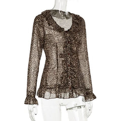 Leopard print long sleeve chiffon ruffle button top