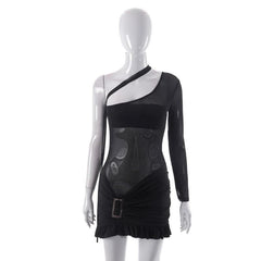 Mesh one shoulder buckle ruffle irregular mini dress-final-sale