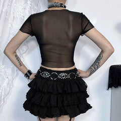 Round neck short sleeve butterfly pattern beaded crop top
