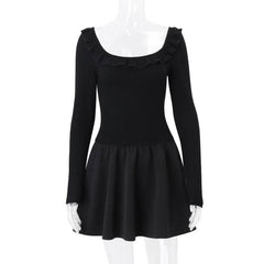 U neck long sleeve ruched ruffle mini dress