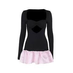 Long sleeve hollow out ribbed ruffle v neck cut out mini dress