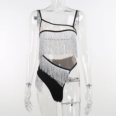 Irregular mesh see through tassels contrast backless cami bodysuit-final-sale