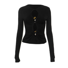 Long sleeve hollow out ribbed crewneck ruched cut out top