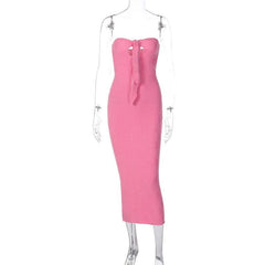 Hollow out knitted backless self tie solid textured tube cut out maxi dress-final-sale