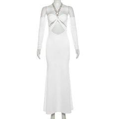 Halter o ring hollow out gloves metal chain mesh cut out maxi dress