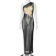 One shoulder sheer mesh print high slit maxi dress