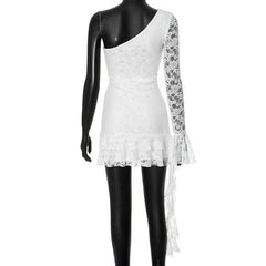 One shoulder long sleeve lace ruffle mini dress