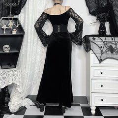 Long sleeve off shoulder velvet slit maxi dress