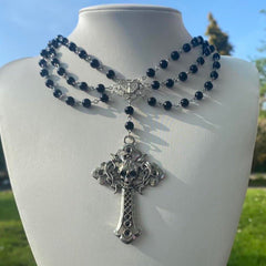 Layered cross pendant beaded choker necklace