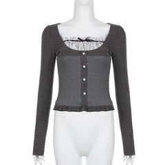 Ruffle polka dot patchwork button long sleeve contrast top