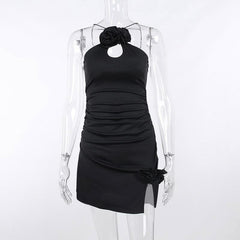 Ruched flower applique hollow out backless slit cut out mini dress-final-sale