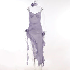 Sweetheart neck ruffle flower applique slit cami midi dress