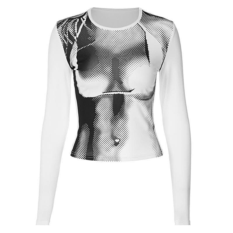 Long sleeve contrast crewneck abstract print top-final-sale
