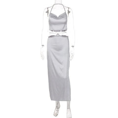 Cowl neck zip-up metal chain satin halter maxi skirt set-final-sale