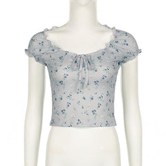 Short sleeve knotted ruffle ribbed print top