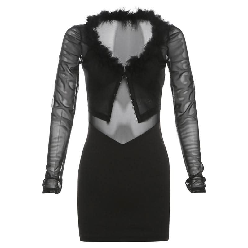 Feather v neck mesh long sleeve button mini dress