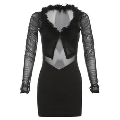 Feather v neck mesh long sleeve button mini dress