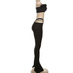 Feather hollow out low rise solid tube pant set