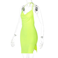 Solid cowl neck halter backless slit mini dress-final-sale