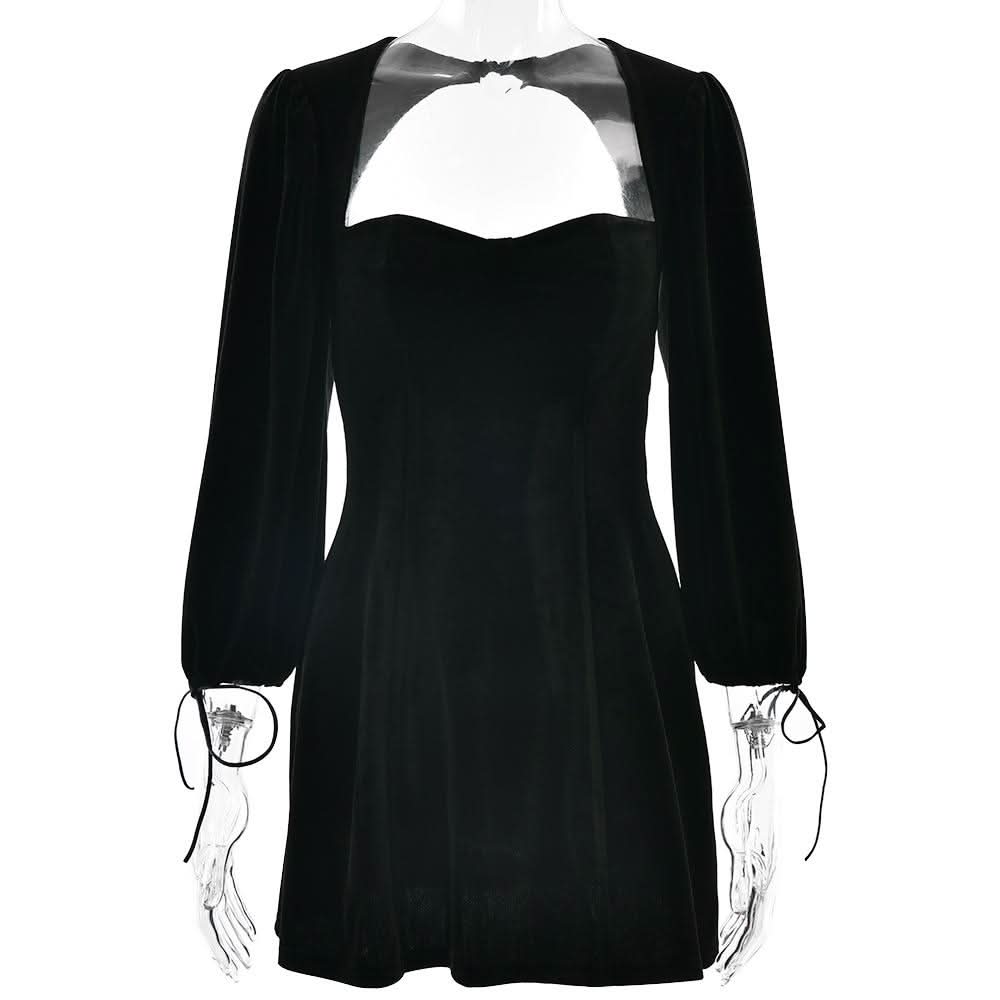 Long sleeve sweetheart neck velvet hollow out cut out mini dress