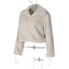 Turnover collar long sleeve fluffy zip-up top