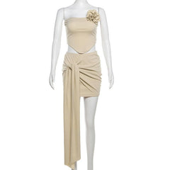 Ruched knotted flower applique tube mini skirt set