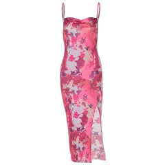 Cowl neck ruched print slit cami midi dress