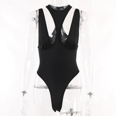 Hollow out crewneck sleeveless solid ruched bodysuit-final-sale