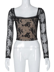 Long sleeve square neck lace patchwork top