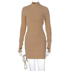 Long sleeve gloves solid drawstring high neck mini dress-final-sale