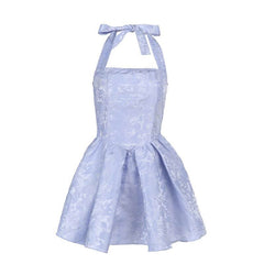 Halter smocked ruched square neck print mini dress
