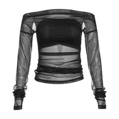 Mesh off shoulder ruched solid long sleeve 2 piece top