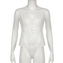 V neck button lace hem solid tank top
